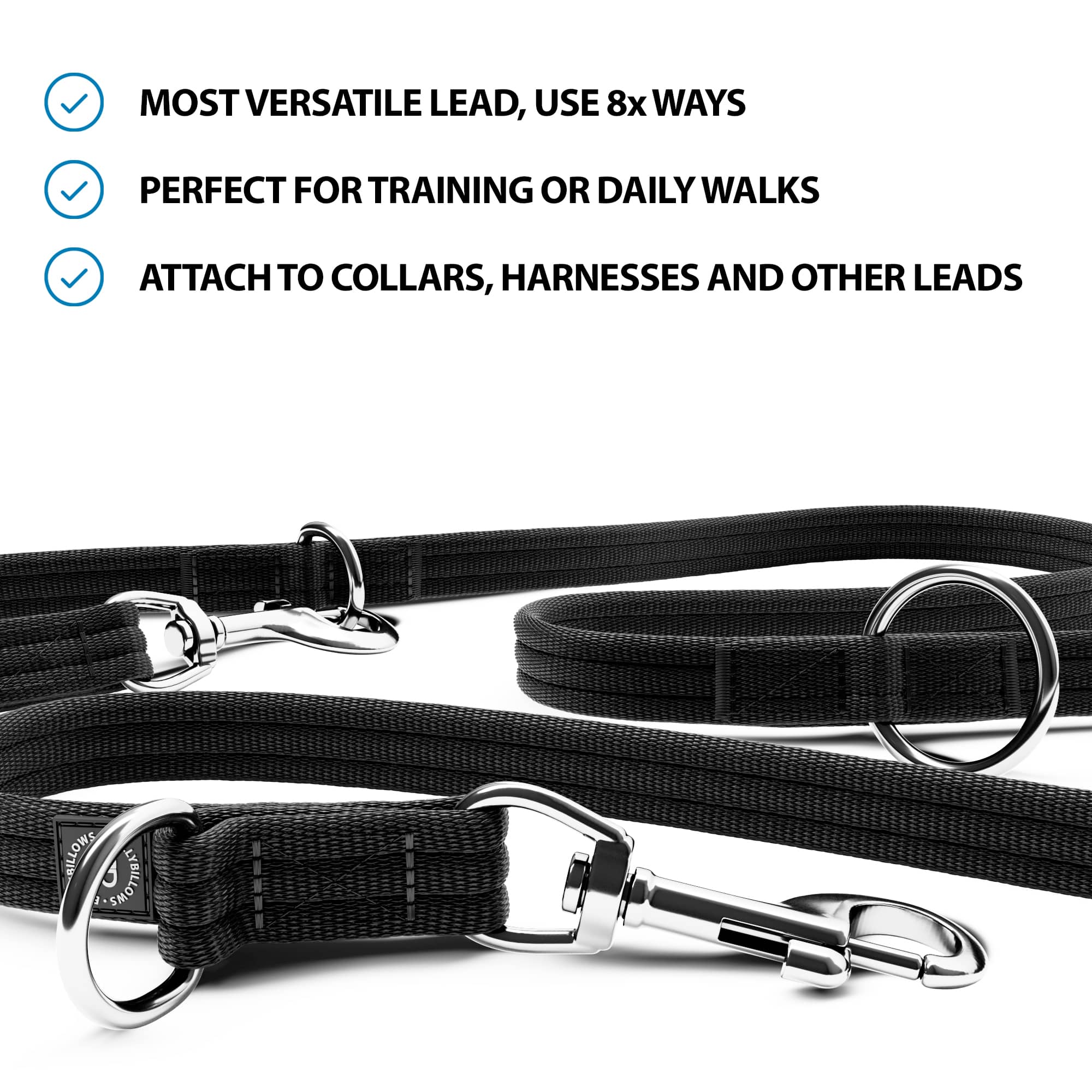 Training Double Ended Dog Lead 2m Length Black BullyBillows Europe